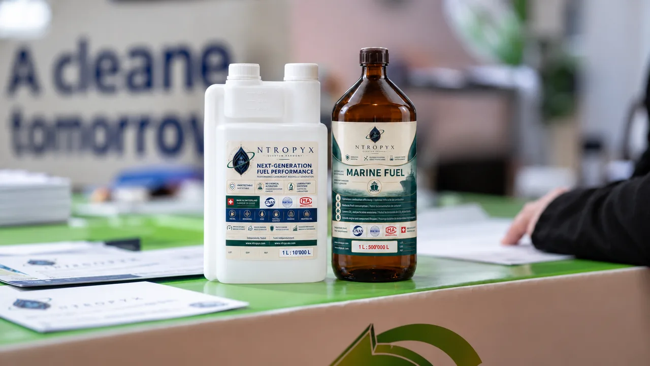NTROPYX 1 L road bottle and 1 L marine glass bottle on the ATVE stand at the Passion Auto Show, Martigny