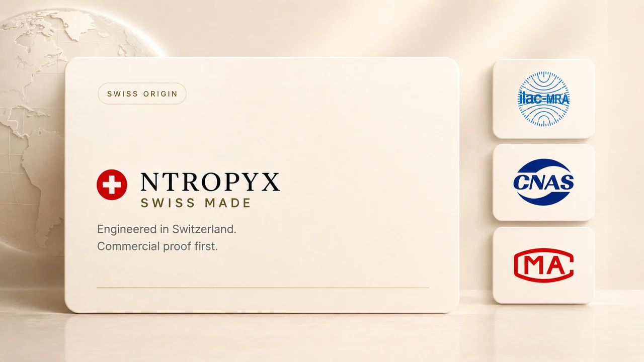NTROPYX Swiss origin card with ILAC-MRA, CNAS and MA laboratory certifications