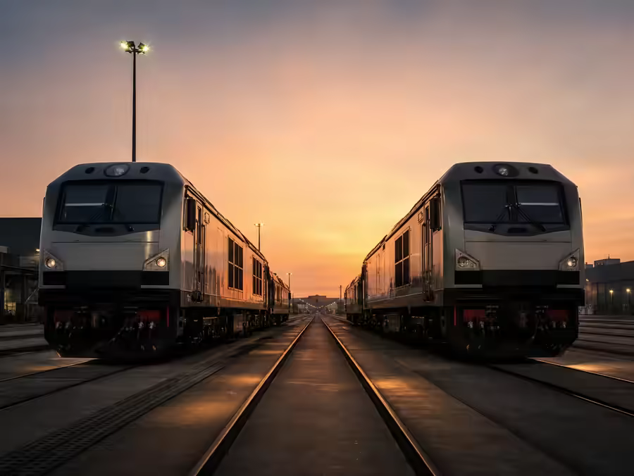 Diesel locomotives in a clean rail depot at sunset