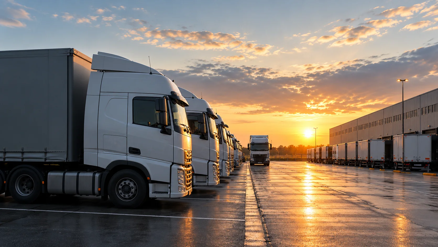 Heavy-duty truck fleet depot at dawn
