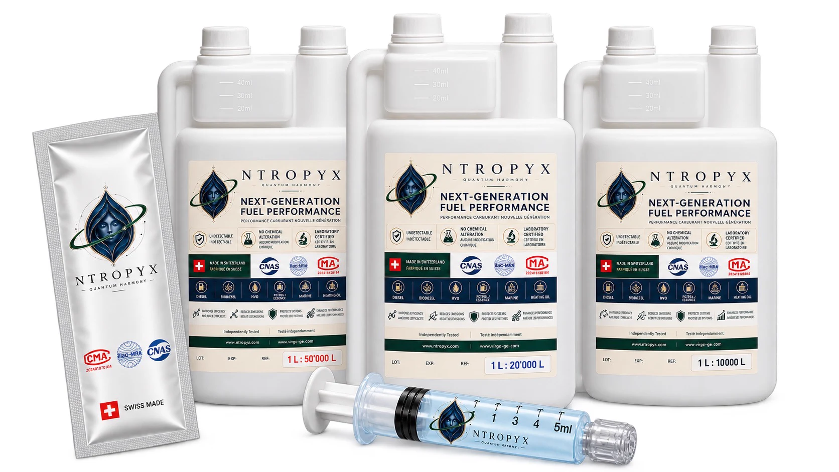 The NTROPYX One Dose sachet and syringe in front of three 1 L bottles