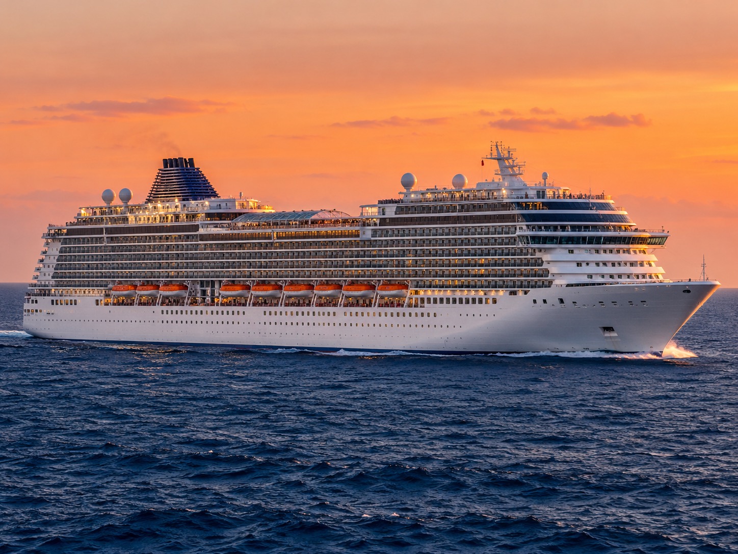 Cruise ship under way at sunset