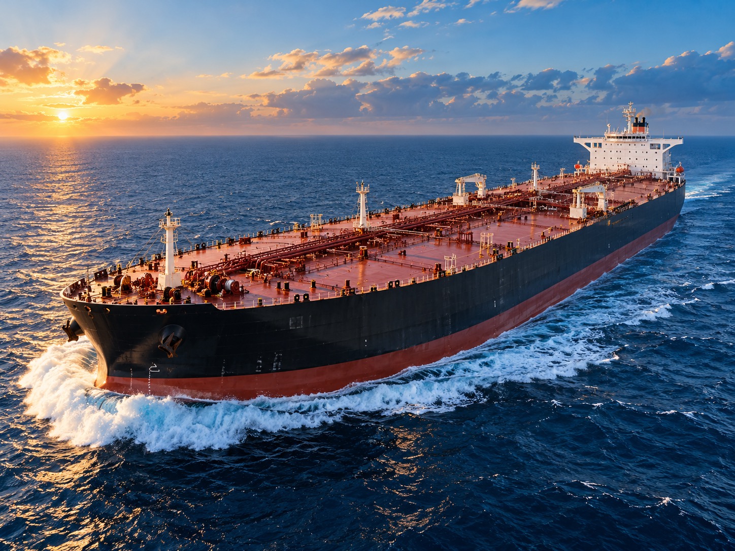 Tanker under way at sunset, seen from above
