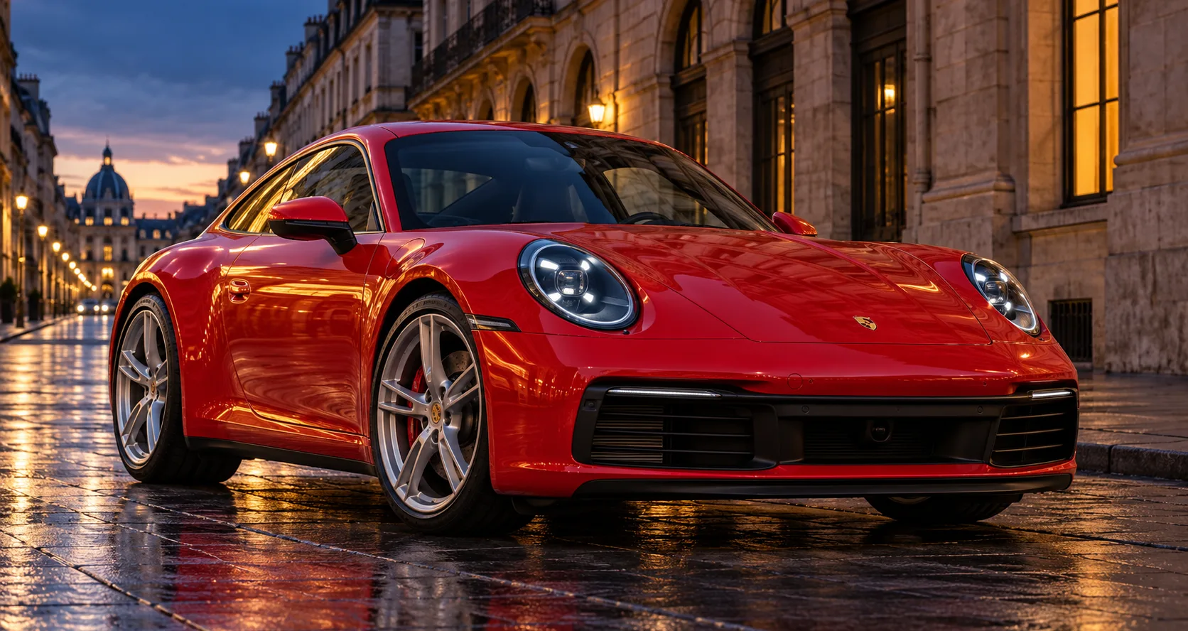 Red production sports car on wet cobblestones at dusk