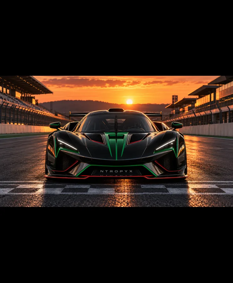 Black and green hypercar with NTROPYX livery on the starting grid at sunset
