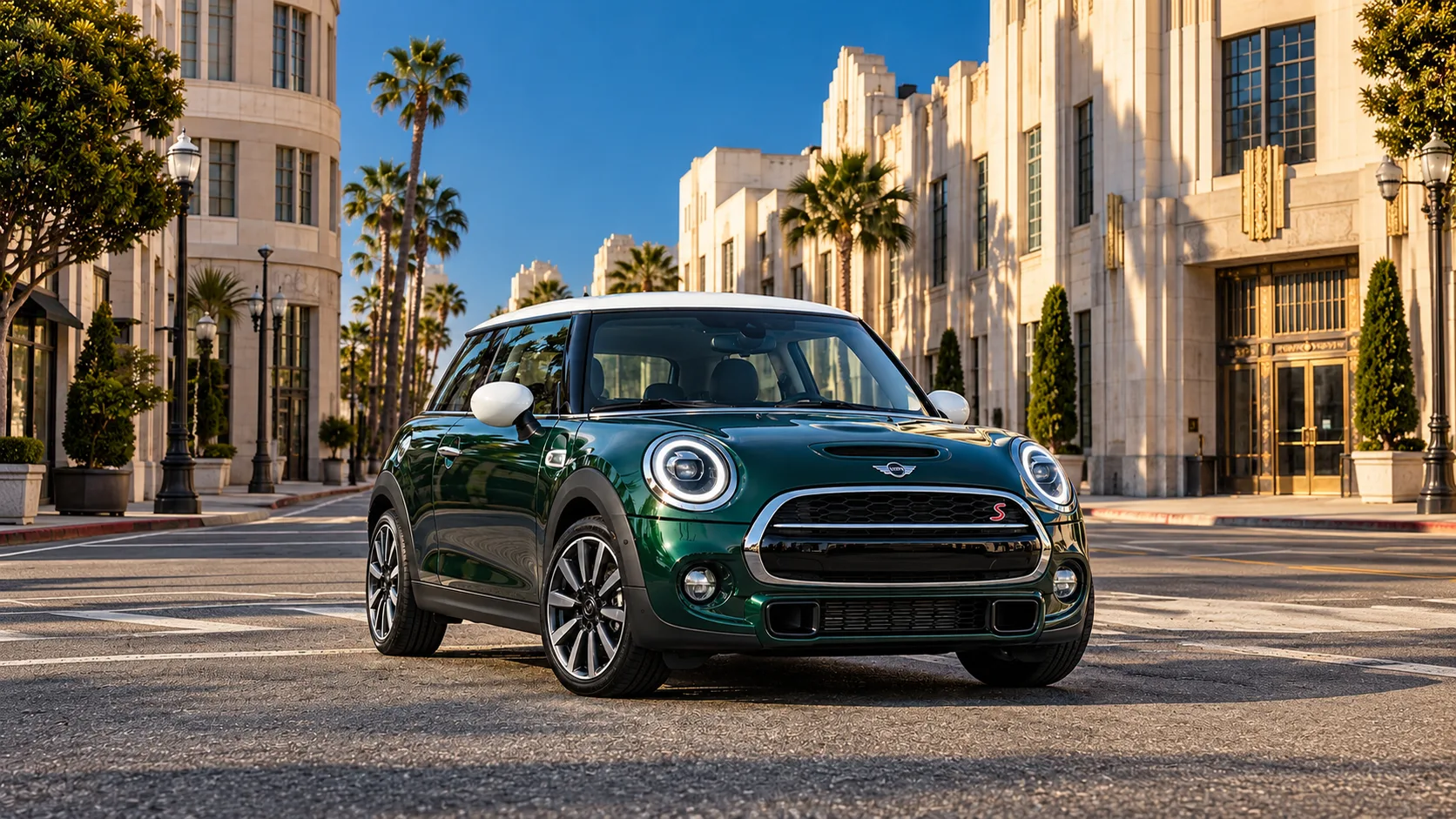 Green compact car in an art deco street