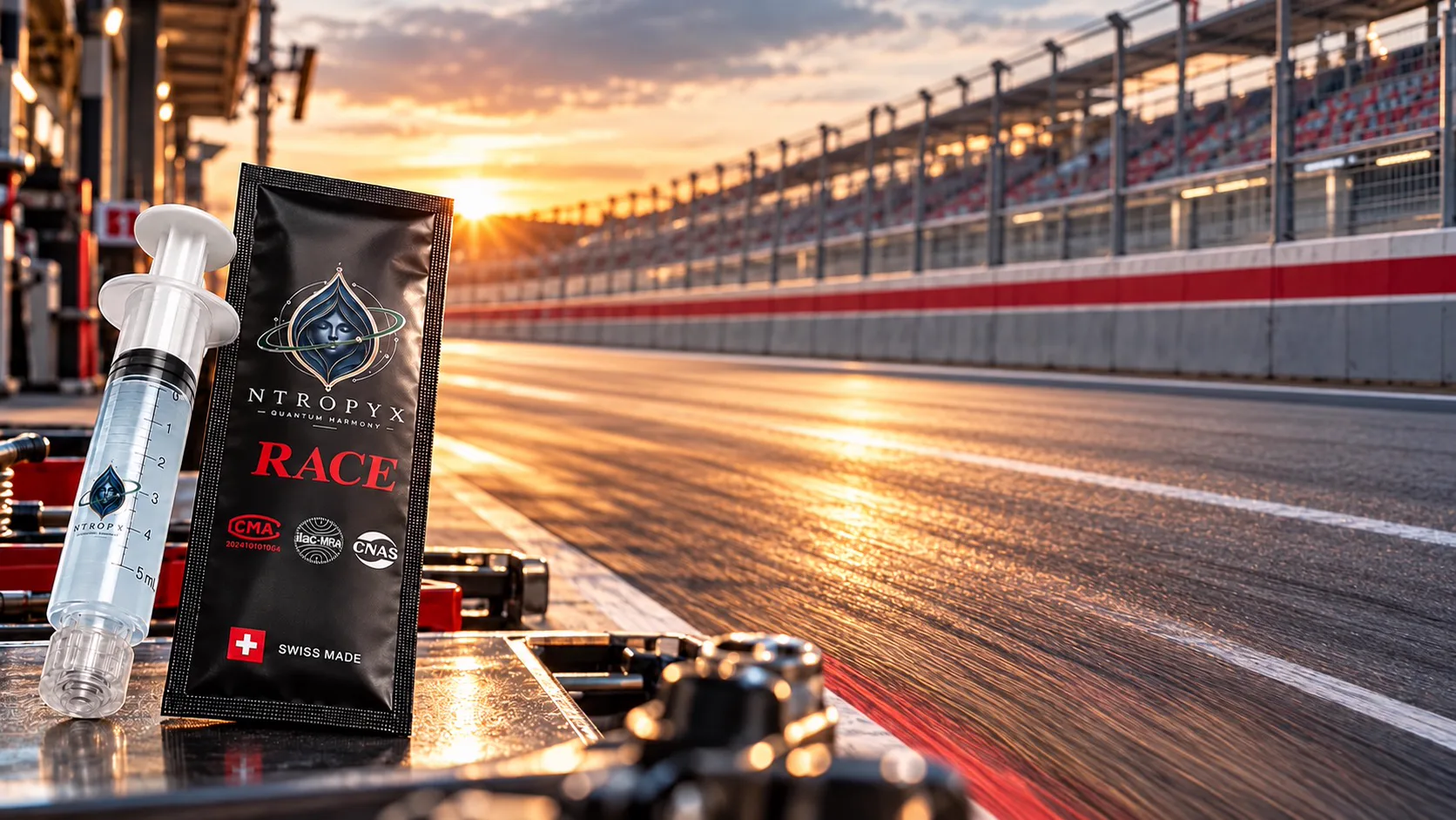 One Dose Race syringe and sachet in the pit lane at sunset